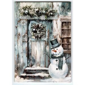 Vintage Christmas Snowman Wreath Blue Door Lithograph Postcard 5.5x4